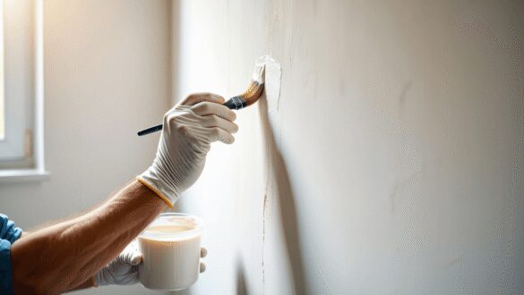 woman touching up paint on a ceiling 