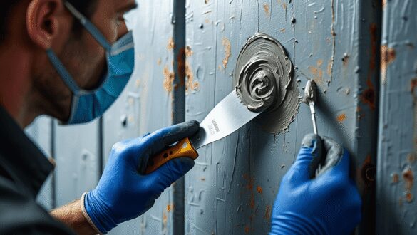 side by side before and after of an exterior metal door with holes that have been patched and the door painted 