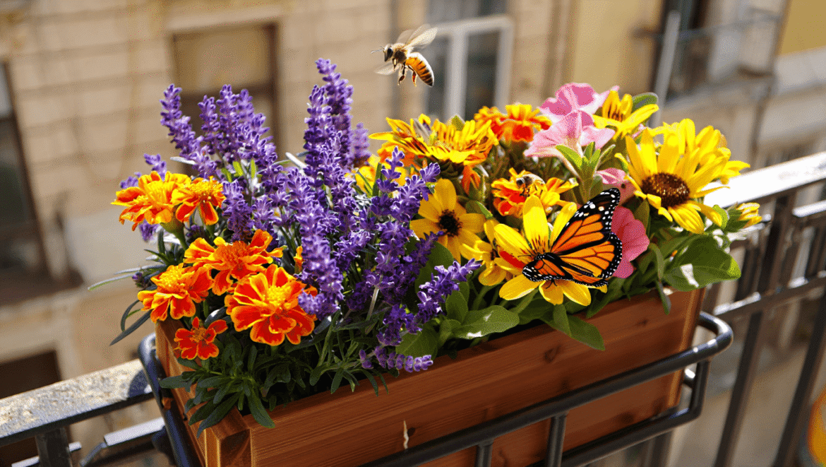 pot with lavender, scabious and wallflower