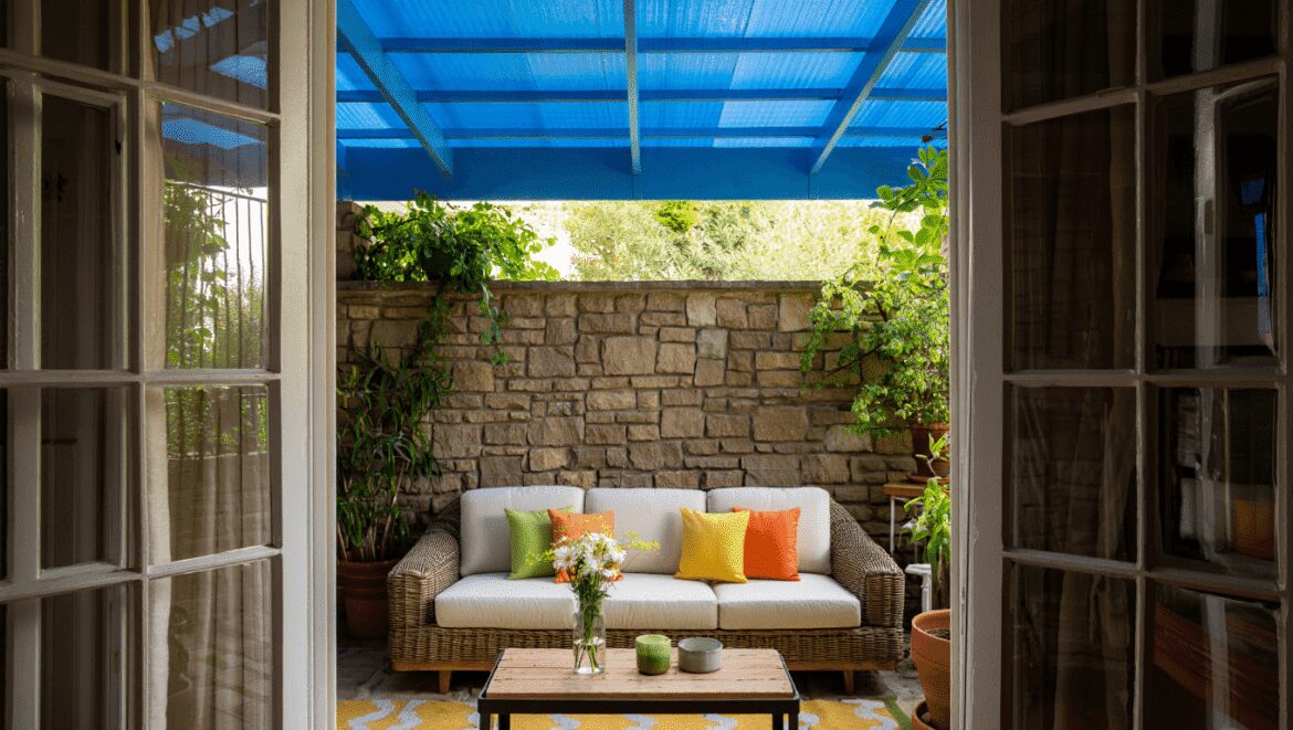 small patio with black trim and a blue ceiling