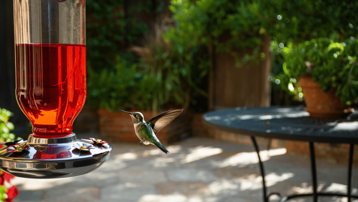 hummingbird on red feeder