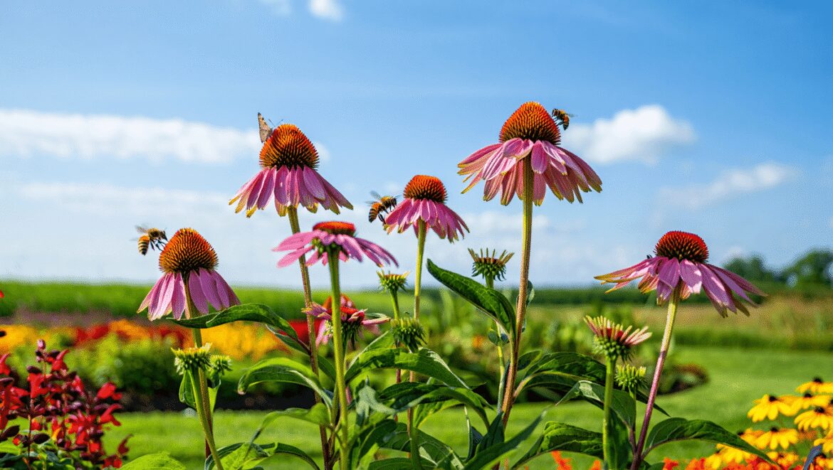 A golden-winged butterfly is visiting the pinkish-purple blooms of a purple coneflower plant