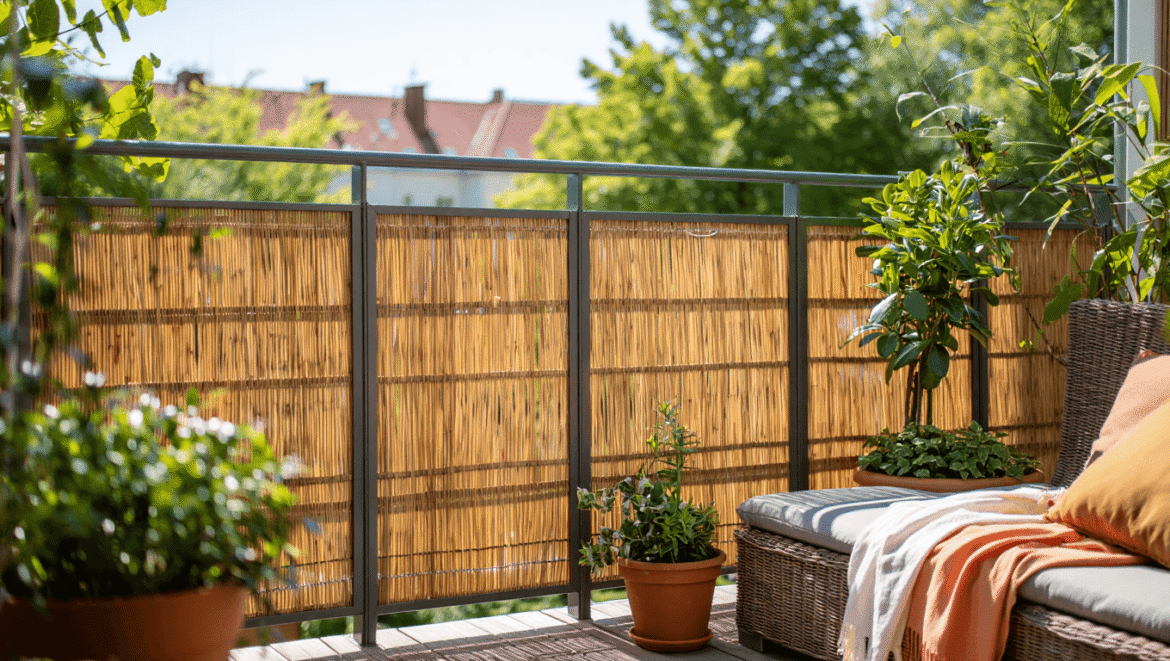 an outdoor space with a privacy screen