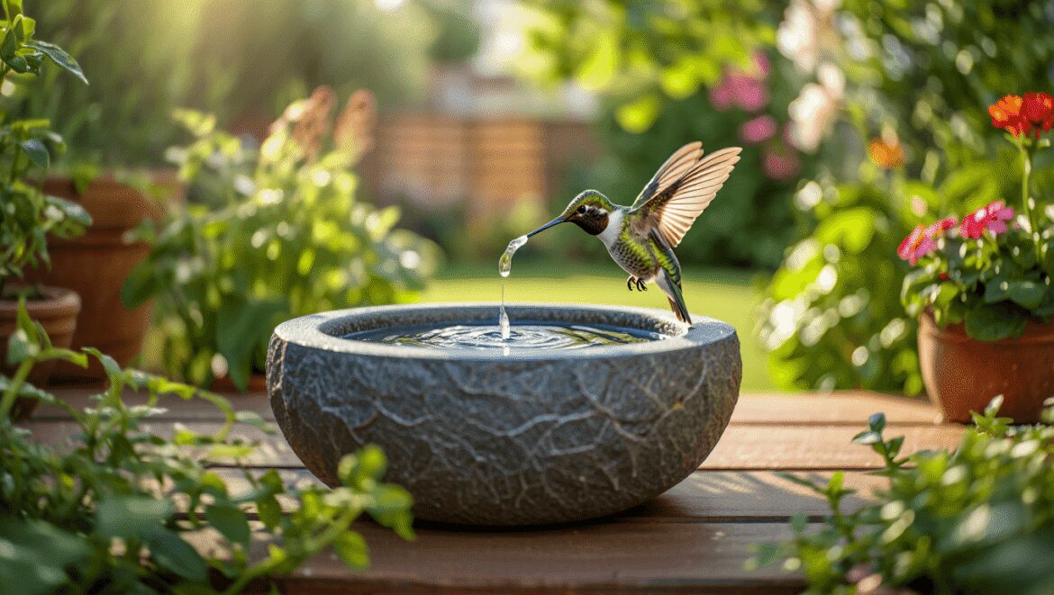 Two hummingbirds play in the water stream of a backyard birdbath fountain