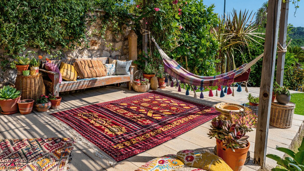 Boho outdoor decor, including patterned throw pillows, a raffia side table, brass candle sconce, outdoor rugs, woven hammock chair, lantern, and cast cement stool, pictured against a white background