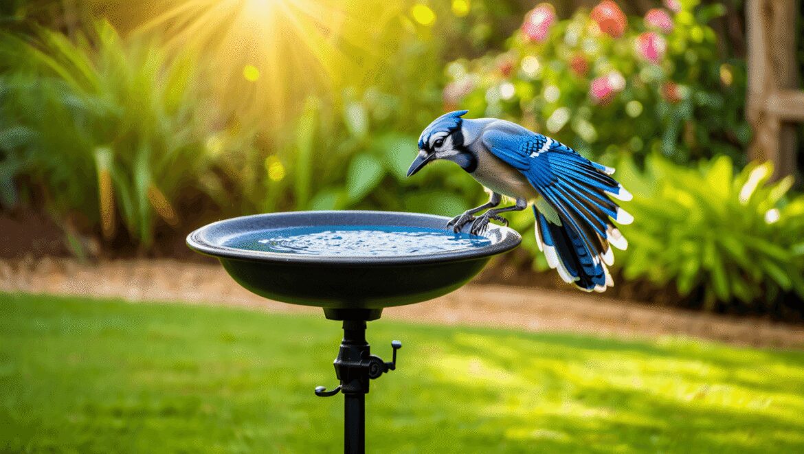 Copper bird bath with two birds drinking
