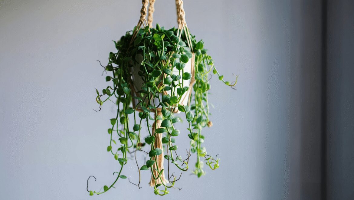 String of hearts plant on wooden shelf