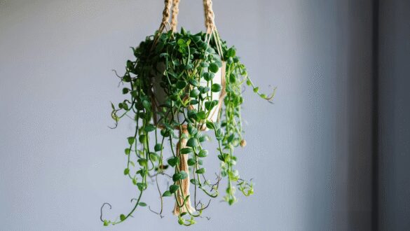 String of hearts plant on wooden shelf