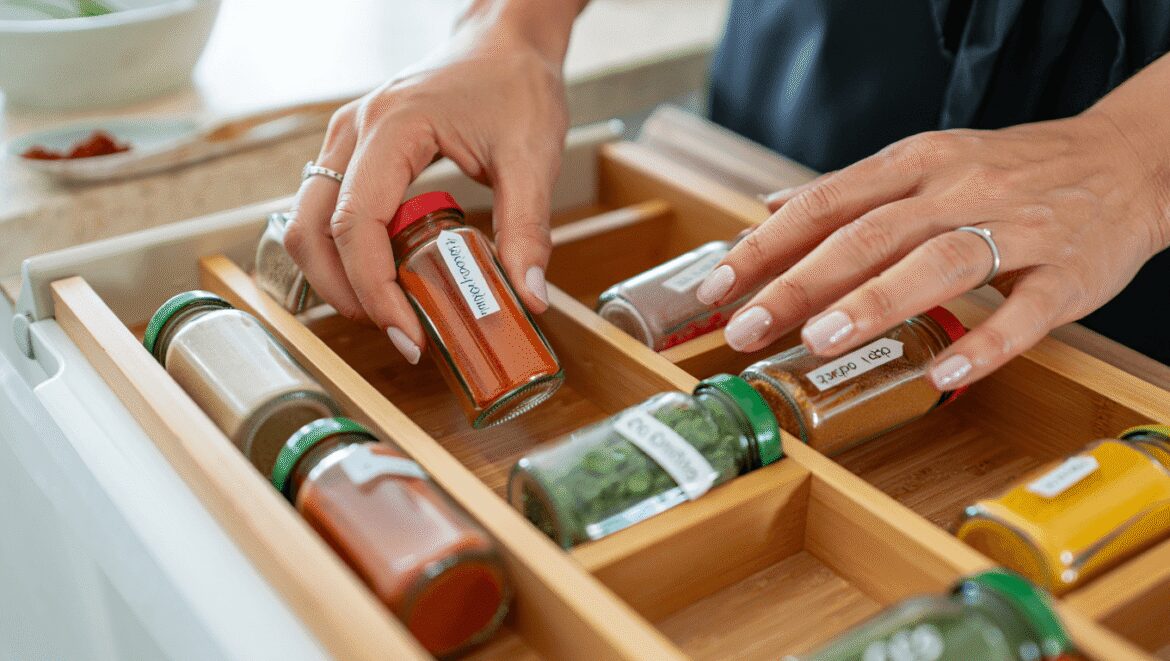 overhead view of a spice drawer that has been fully organized with drawer liner and a simple spice drawer organizer rack 