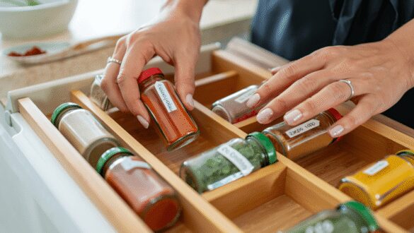 overhead view of a spice drawer that has been fully organized with drawer liner and a simple spice drawer organizer rack 