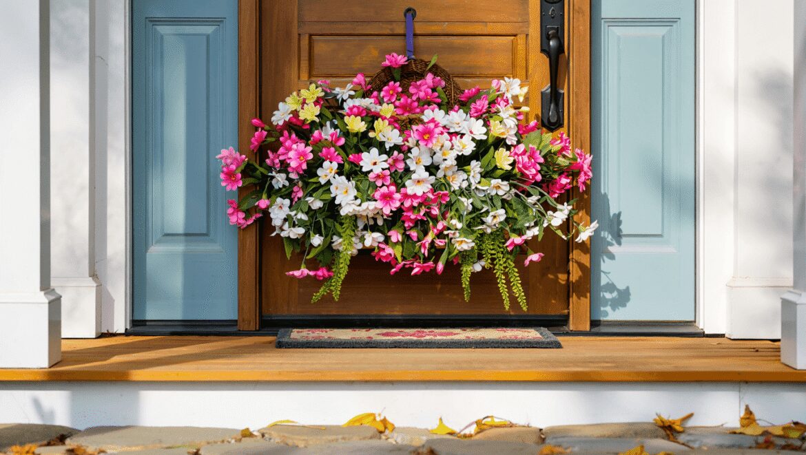 front door with a basket and faux flowers hanging on it 