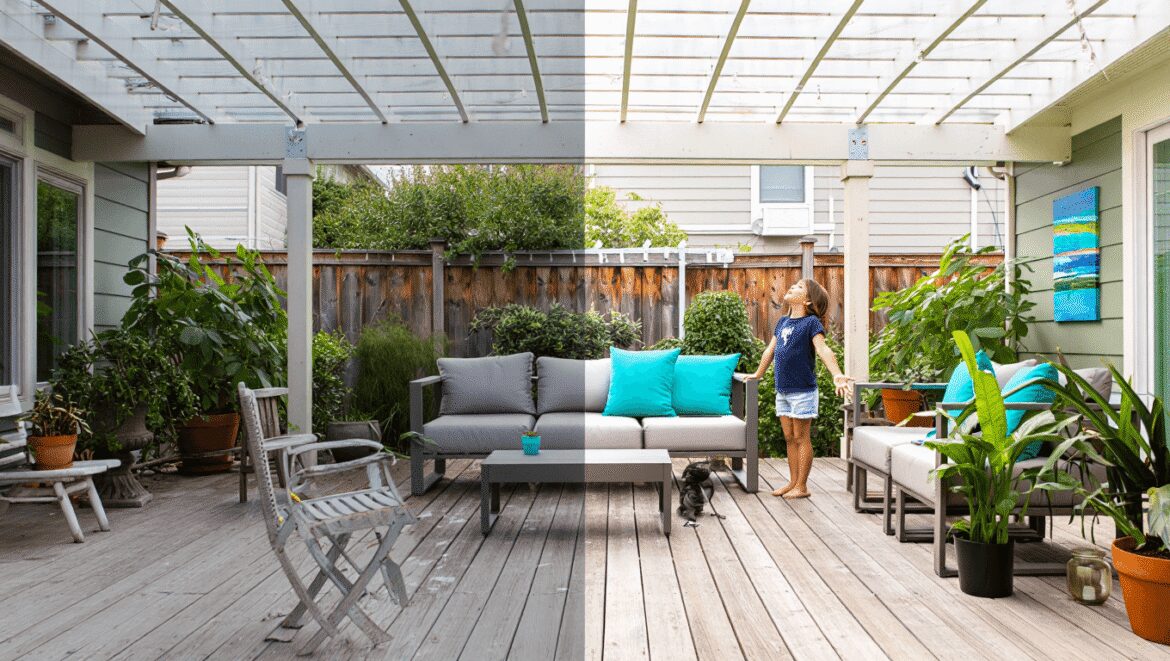 large outdoor patio with a covering and a painted concrete floor 