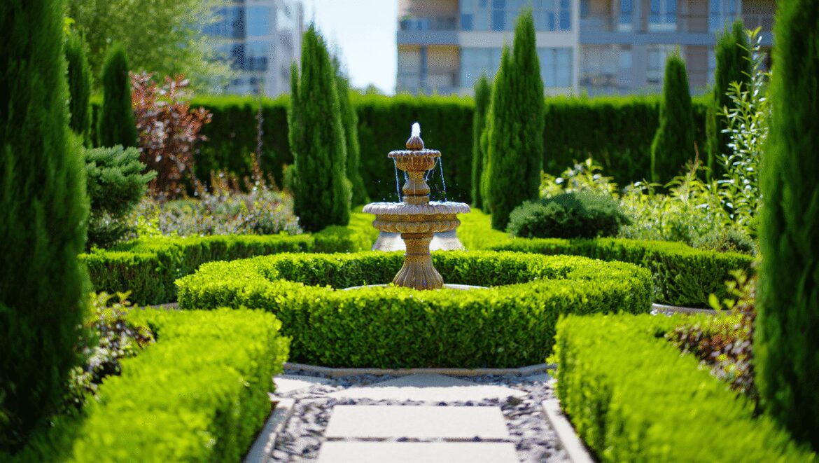 L-shaped garden design with lawn, path, trees and pergola