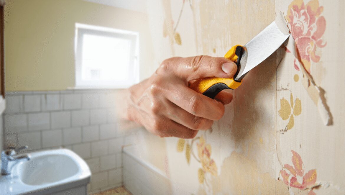 before and after of removing wallpaper in a bathroom with 90