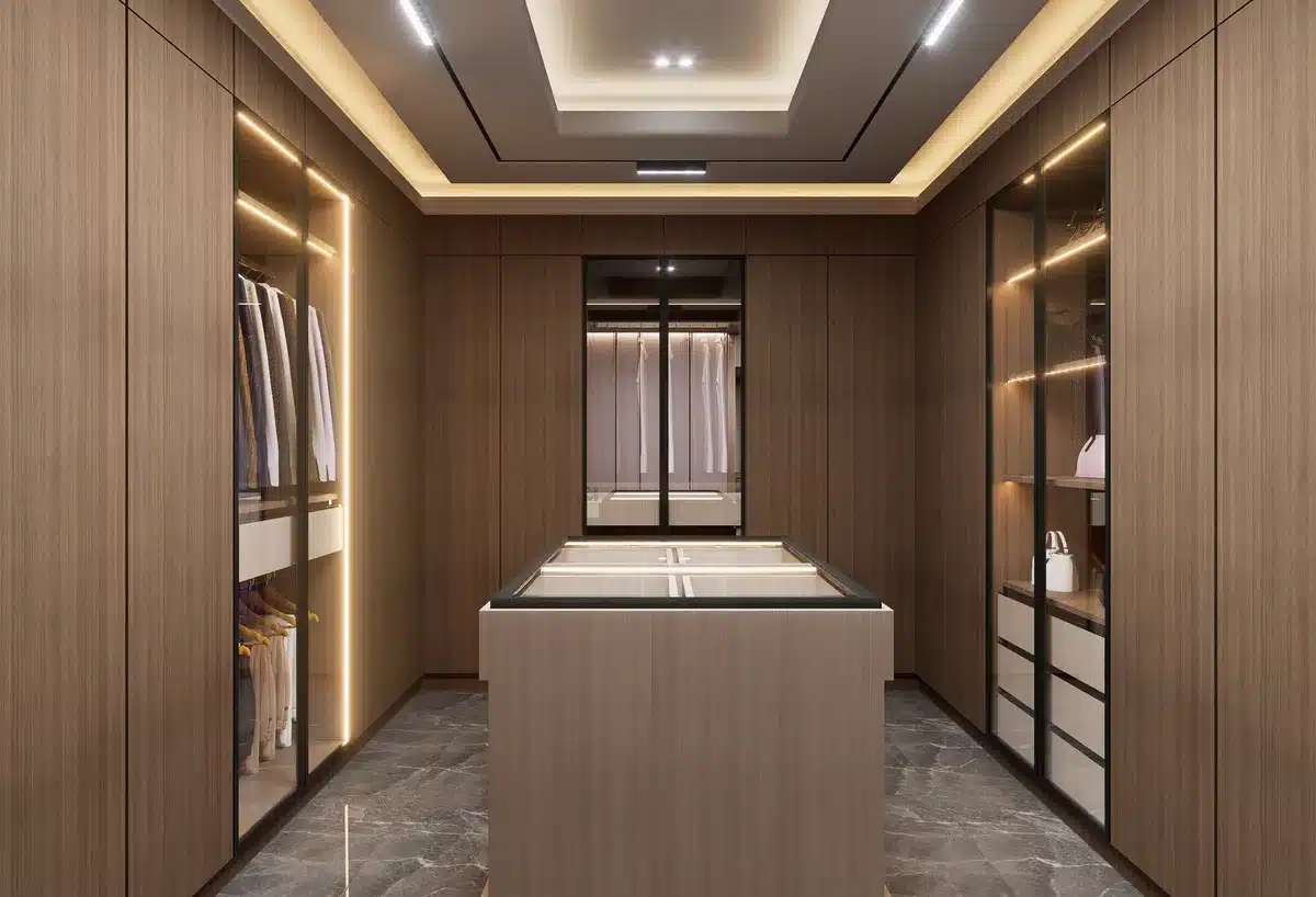 Dressing moderne avec éclairage LED intégré mettant en valeur les vêtements