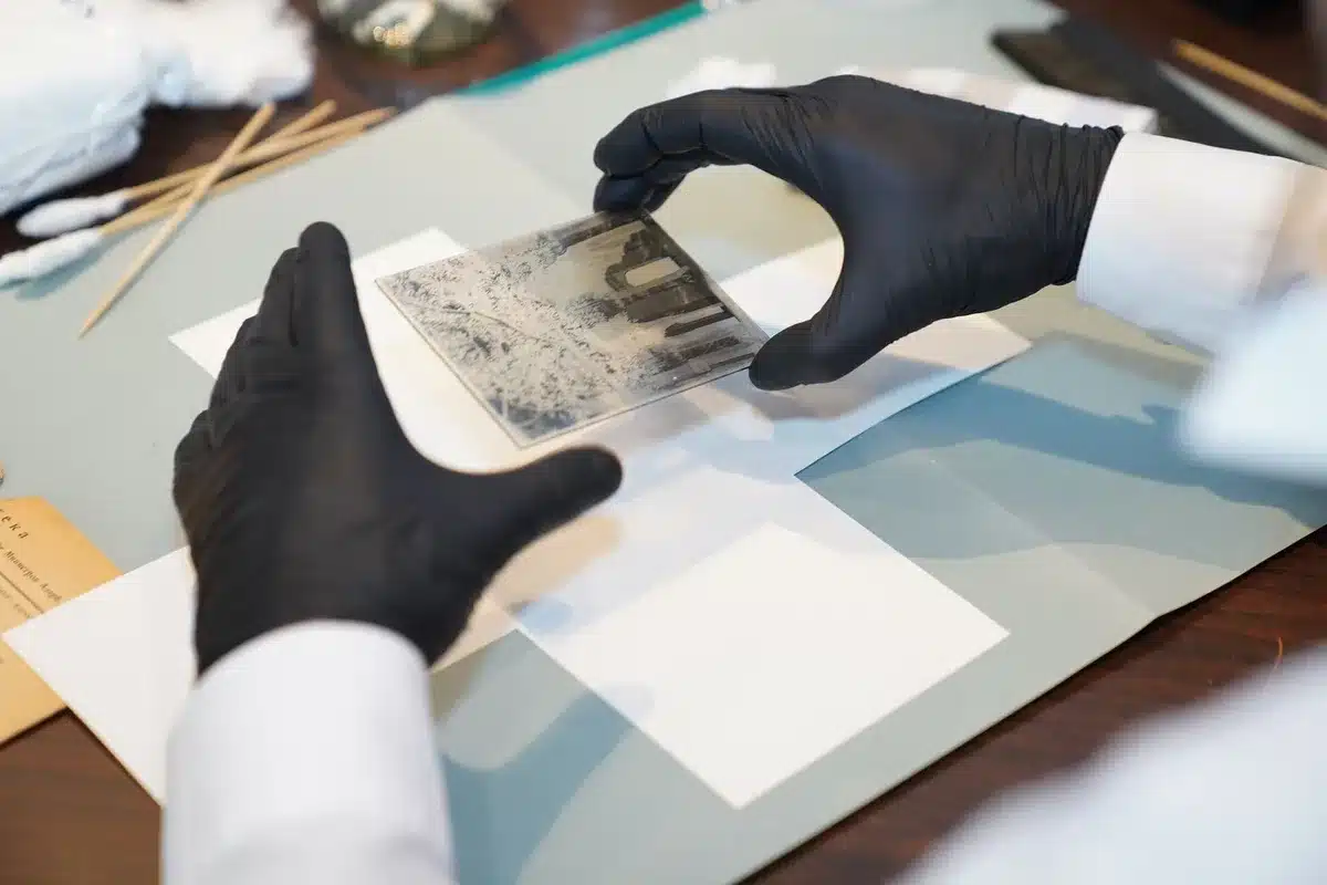 Travail minutieux de restauration d'un papier peint en atelier spécialisé