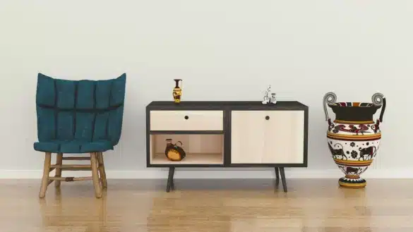 Mètre ruban et marquage au sol pour visualiser l'empreinte des meubles dans une pièce vide