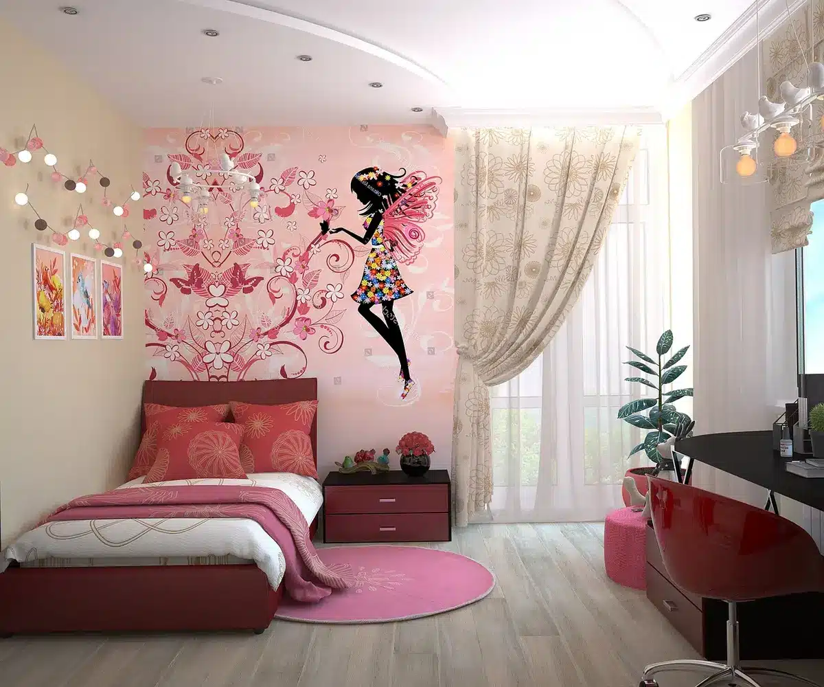 Chambre bien éclairée avec un mur d'accent sombre et éléments clairs