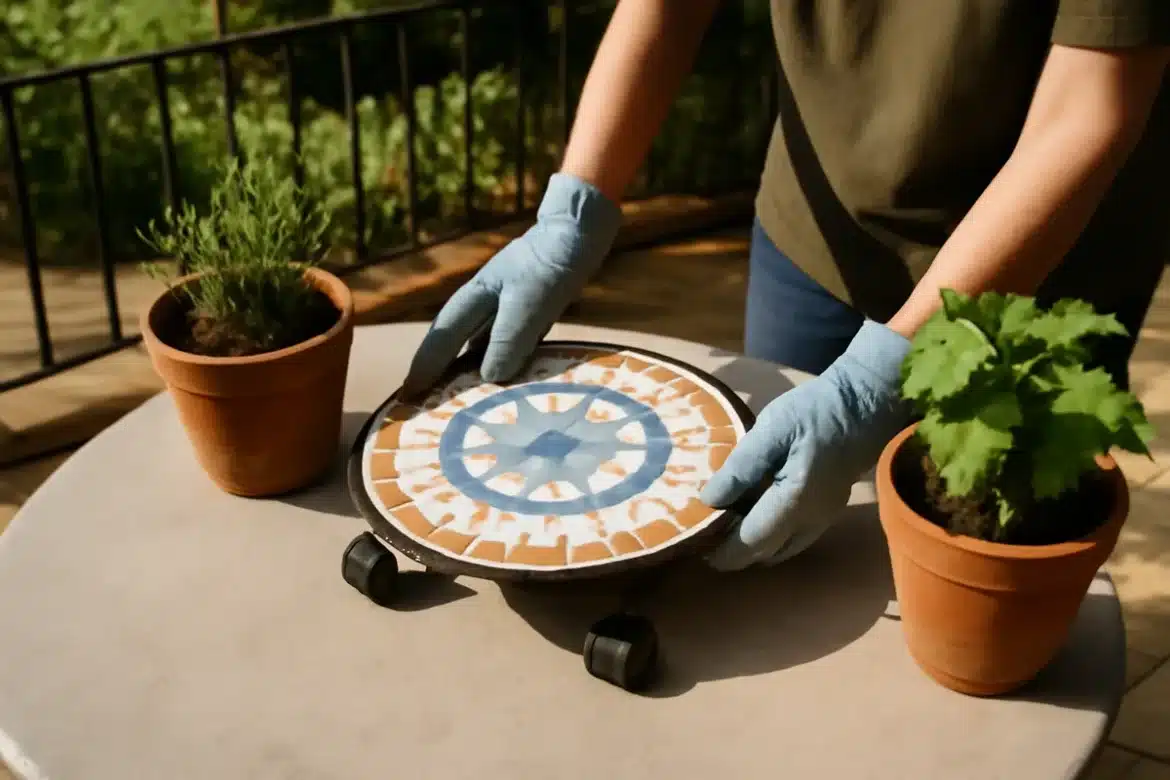 Support à roulettes mosaïque pour plantes : décor de terrasse et déplacement facile en automne