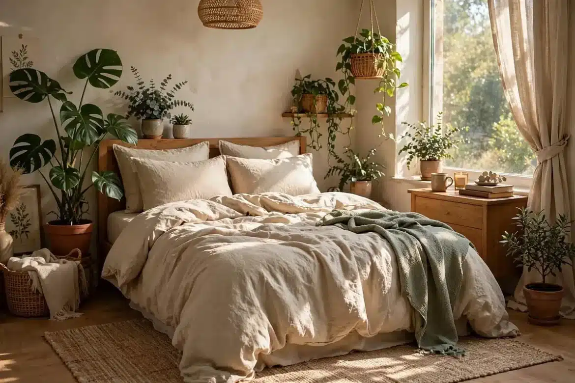 Lit soigné avec linge en lin, coussins et plaid dans une chambre lumineuse