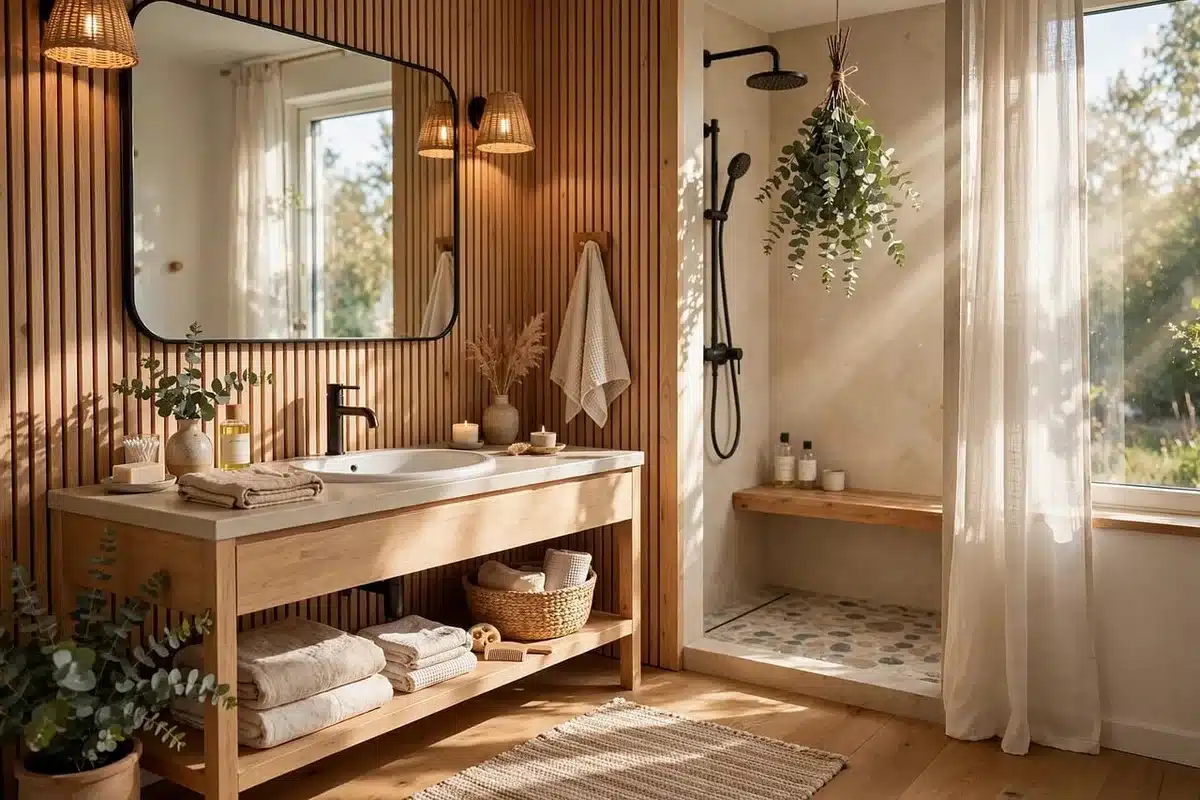 Petite salle de bains avec meuble suspendu et étagères encastrées