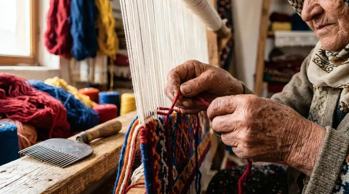 Artisan travaillant sur un métier à tisser un tapis fait main