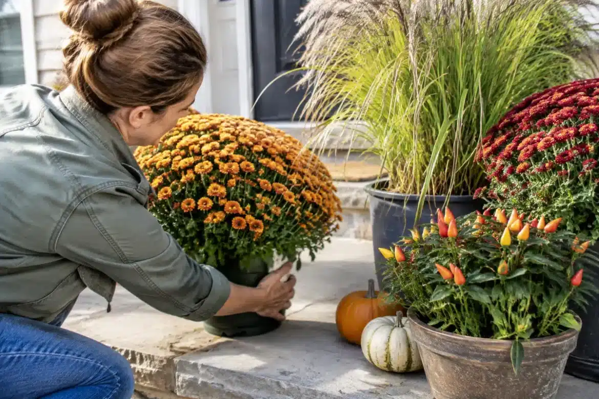 Trois plantes pour sublimer vos chrysanthèmes d'automne sur le porche